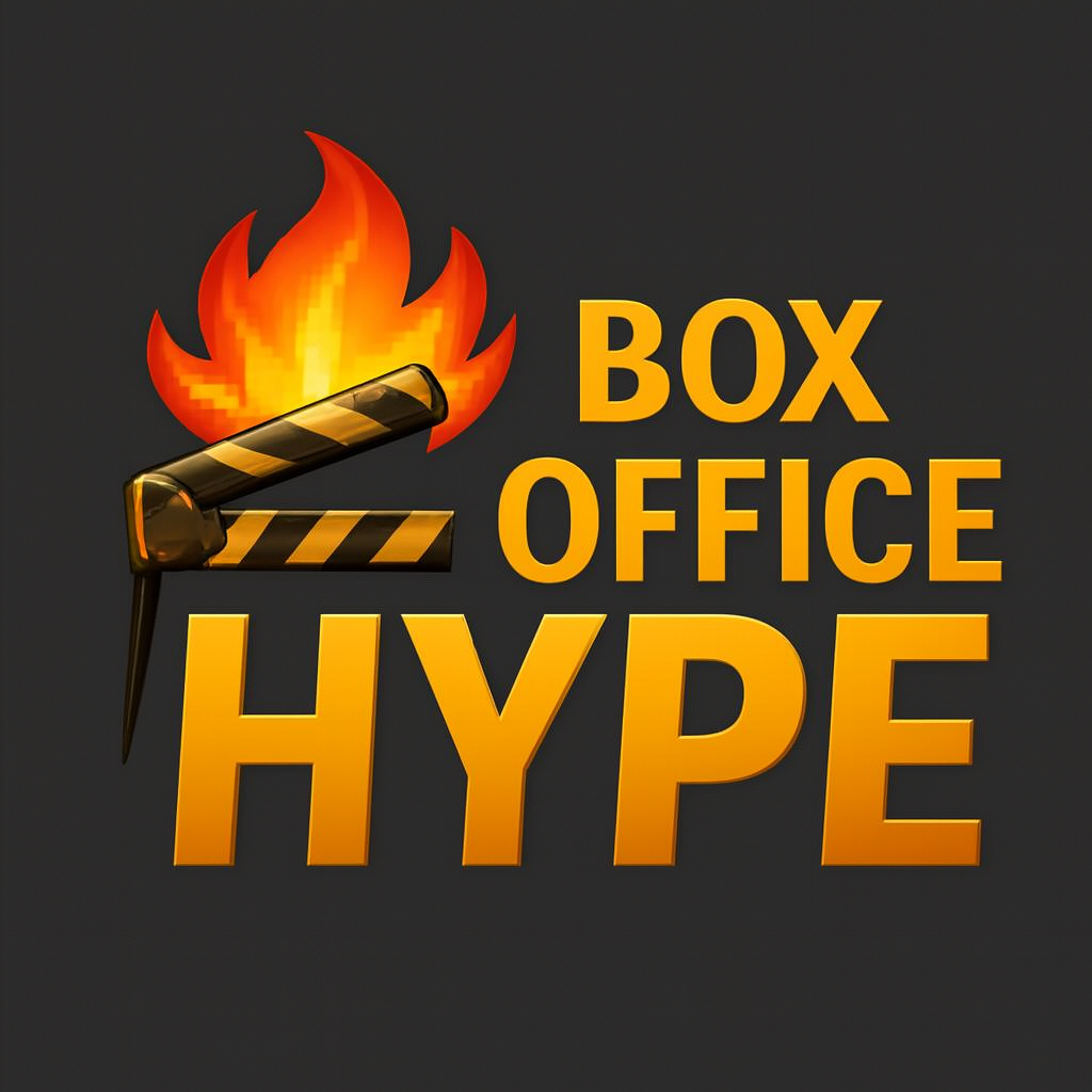 "Box Office Hype logo featuring a bold golden-yellow title with a flaming clapperboard above, symbolizing movie excitement and buzz."